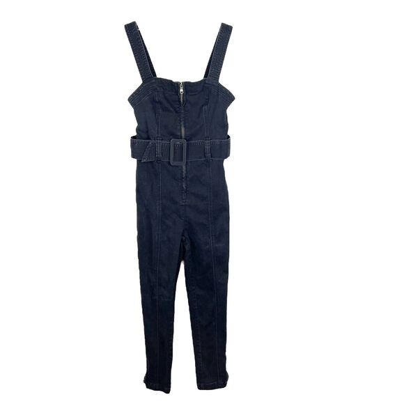 UO Urban Outfitters Denim Jumpsuit Women Small Black Belted Sleeveless Stretch